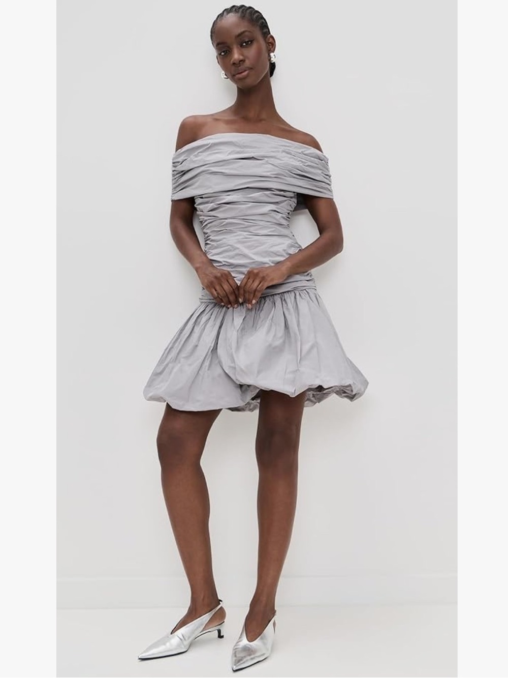 Rotate Off-Shoulder Ruched Mini Dress in Light Gray size 0